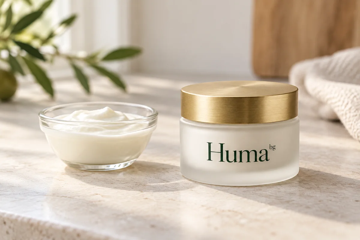 Кисело мляко и затворен козметичен продукт, подредени отделно.
